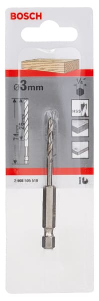 BOSCH Holzspiralbohrer mit 1/4 Zoll-Sechskantschaft, 3 x 33 x 74 mm