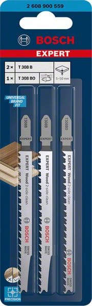BOSCH EXPERT ‘Wood 2-side clean‘ Stichsägeblatt-Set, 3-tlg., T308B/BO. Für Stichsägen