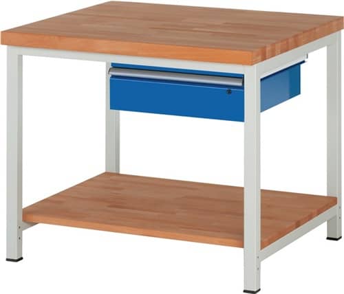 RAU Werkbank Classic B1000xT900xH840mm Buche massiv lichtgrau enzianblau 1Schubl.1BD