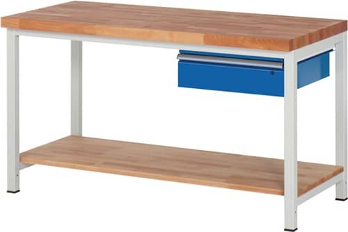 RAU Werkbank Classic B1500xT700xH840mm Buche massiv lichtgrau enzianblau 1Schubl.1BD