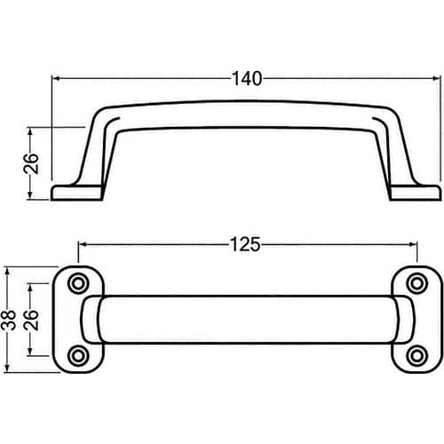 HERMETA Handgriff A.26mm L.140mm B.38mm Alu-Guss silberf.elox.Löcher 4,D.3,7mm HERMETA