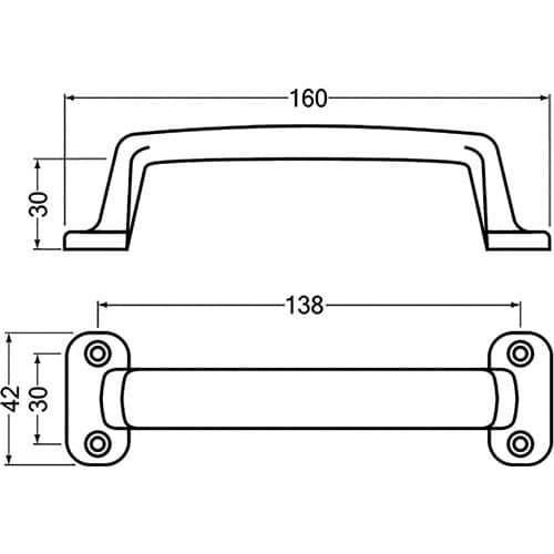 HERMETA Handgriff A.30mm L.160mm B.42mm Alu-Guss silberf.elox.Löcher 4,D.3,7mm HERMETA