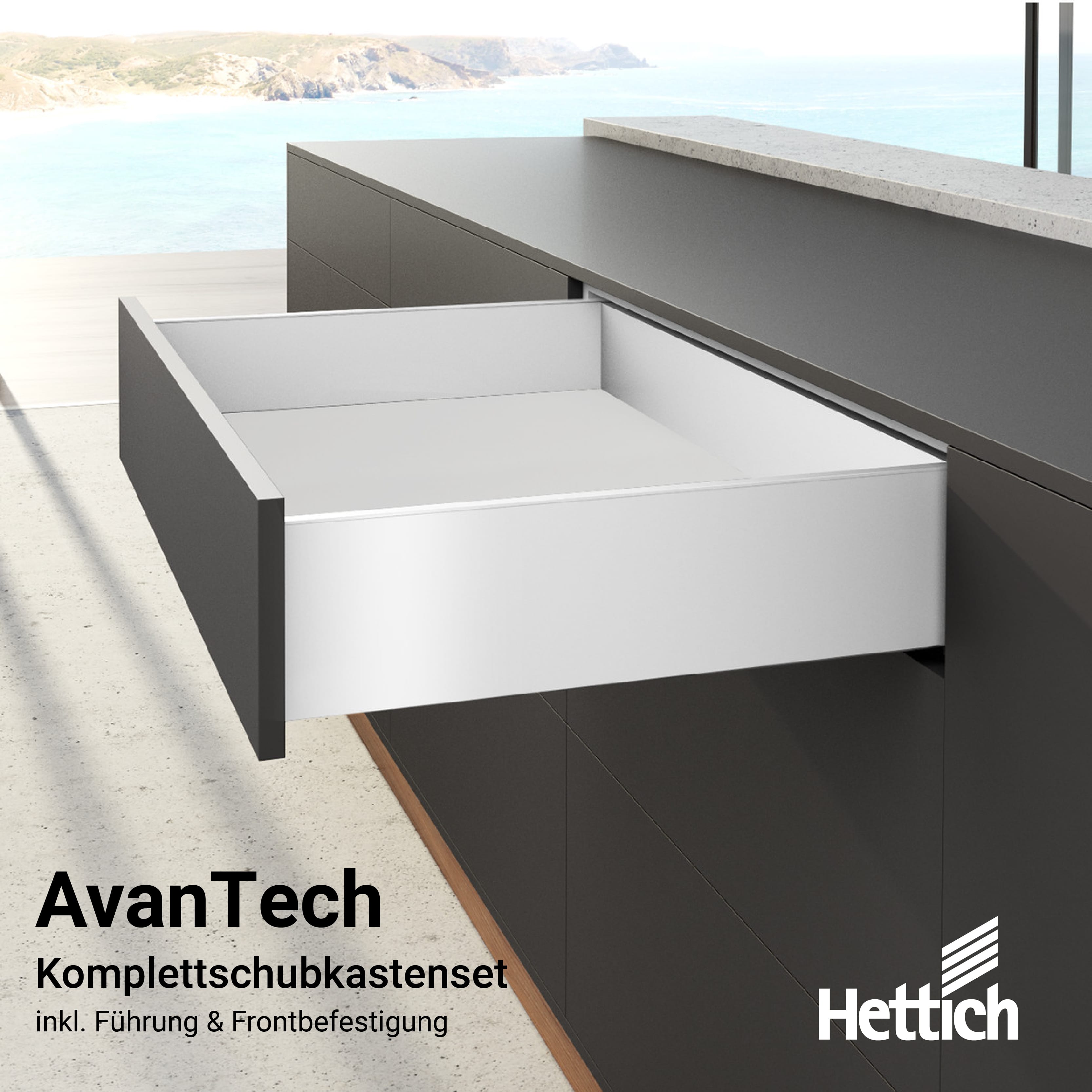 Hettich Komplettschubkasten AvanTech YOU Höhe 77 mm incl. Führung, Frontbefestigung zum Einschlagen Farbe: weiss 400 mm Nennlänge 40 kg