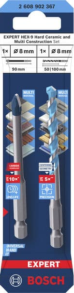 BOSCH EXPERT HEX-9 Hard Ceramic + HEX-9 Multi Construction Bohrer, 8 mm