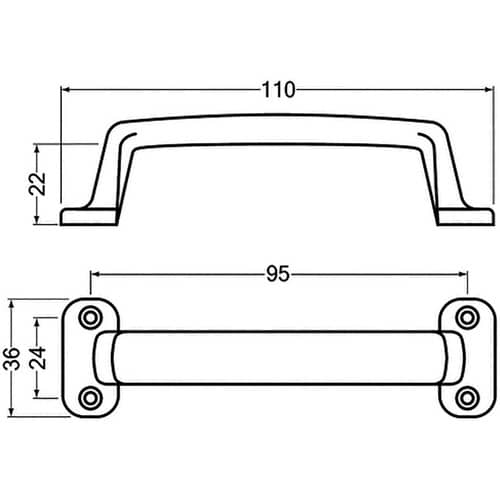 HERMETA Handgriff A.22mm L.110mm B.36mm Alu-Guss silberf.elox.Löcher 4,D.3,7mm HERMETA