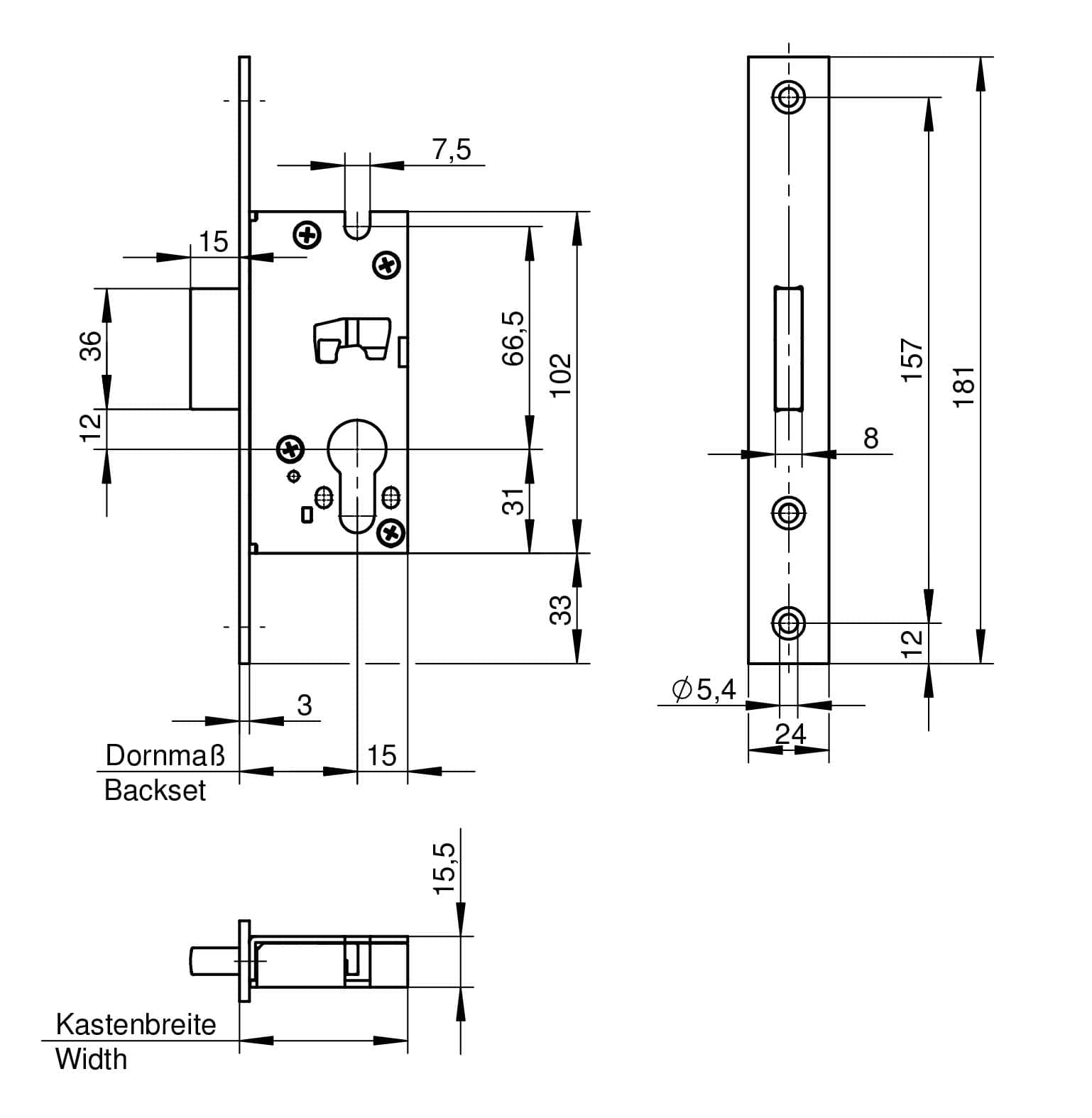 WILKA 033R Riegel-Einsteckschloss 24x3x181