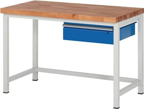 RAU Werkbank Classic B1250xT700xH840mm Buche massiv lichtgrau enzianblau Schubl.1