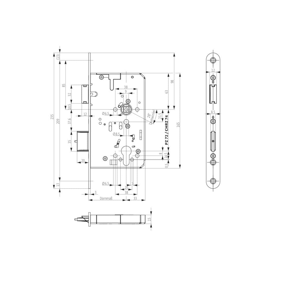 BKS Panik-Einsteckschloss für zweiflügelige Türe B-2321, rund, 9/72 mm, Edelstahl