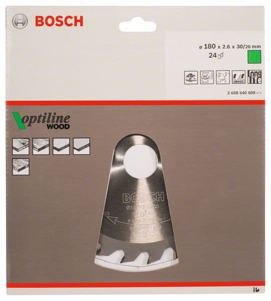 BOSCH Kreissägeblatt Optiline Wood für Handkreissägen, 180 x 30/20 x 2,6 mm, 24