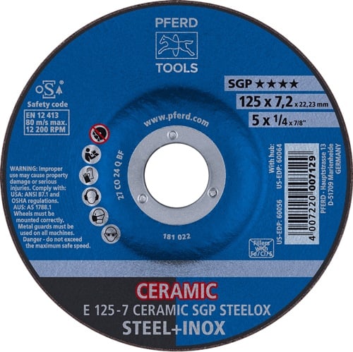 PFERD TOOLS Schruppscheibe CERAMIC SGP STEELOX D125xS7mm gekr.STA Bohr.22,23mm PFERD