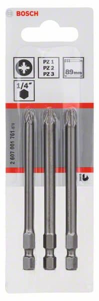 BOSCH Schrauberbit-Set Extra-Hart, 3-teilig, PZ1, PZ2, PZ3, 89 mm