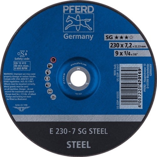 PFERD TOOLS Schruppscheibe SG STEEL D230xS7,2mm gekr.STA Bohr.22,23mm PFERD