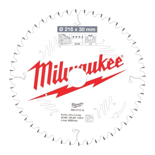 MILWAUKEE 216/30 mm Z48 Wechselzahn negativ Sägeblatt Holz für Kapp- und Gehrungssägen