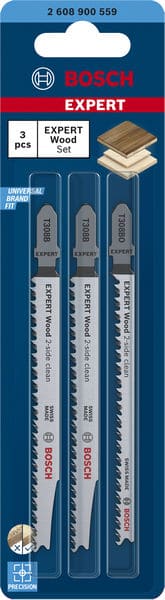BOSCH EXPERT ‘Wood 2-side clean‘ Stichsägeblatt-Set, 3-tlg., T308B/BO. Für Stichsägen