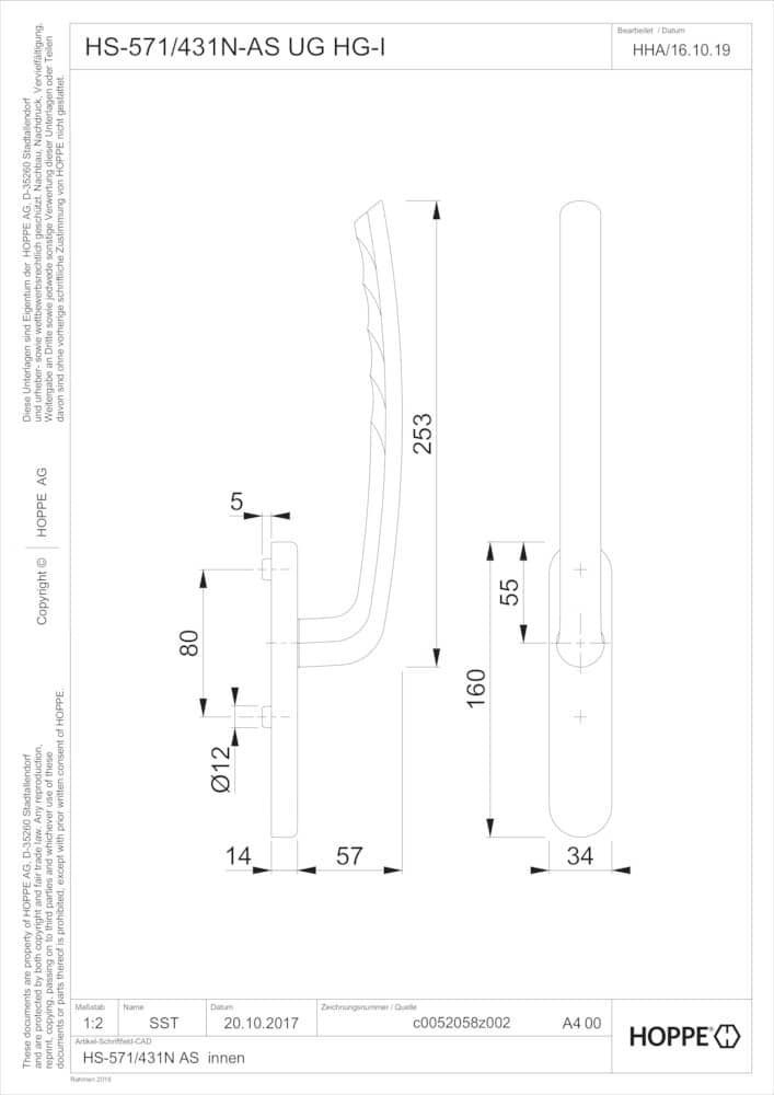 HOPPE® Handhebelgarnitur Tôkyô HS-571/431N-AS, ohne Schrauben, Aluminium