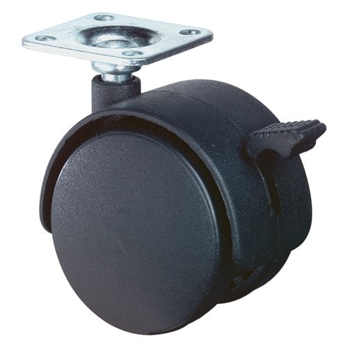 BS ROLLEN Kunststoffdoppelrolle m.Festst.D.40mm Trgf.30kg m.Platte harte Lauffläche