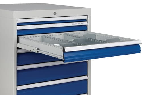 BEDRUNKA+HIRTH Schubladenschrank H1019xB705xT736mm lichtgrau/signalblau 6 Schubl.Voll.Bedrunka