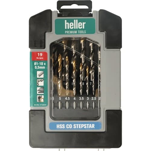 HELLER Metallbohrer-Set DIN 338 Stepstar D.1-10 HSS-Co TiN 19-tlg.Heavy-Duty Box HELLER