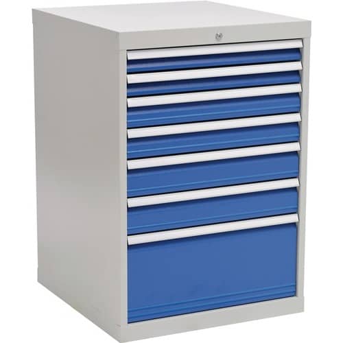 BEDRUNKA+HIRTH Schubladenschrank H1019xB705xT736mm grau/blau 2x75,2x100,2x125,1x300mm Schubl.