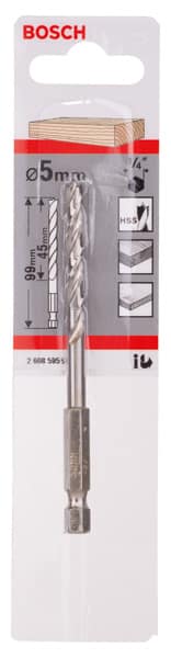 BOSCH Holzspiralbohrer mit 1/4 Zoll-Sechskantschaft, 5 x 52 x 99 mm