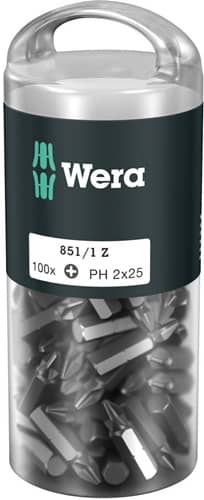 WERA Bitgroßpackung 851/1 Z 1/4 Zoll PH 2 L.25mm DIN ISO 1173,Form C 6,3 100St./Box