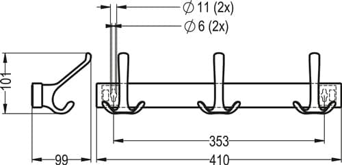 HERMETA Huthakenleiste 0822-0823 3 Hak.A.96mm LM silberf.elox.H.102mm HERMETA