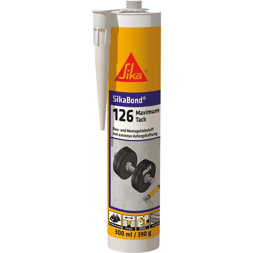 SikaBond-126 Maximum Tack – Montageklebstoff mit hoher Anfangshaftung, 300 ml, weiß.