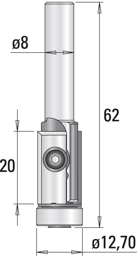 GUHDO HW-WPL-Bündigfräser Z2 S8 D12,7 l=20 L=62 mit Anlauflager 12,7