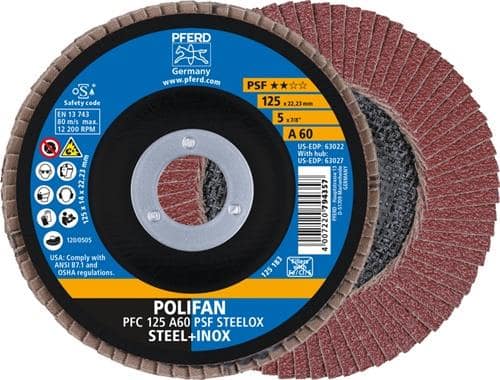 PFERD TOOLS Fächerscheibe POLIFAN A PSF STEELOX D.125mm K.60 kon.Stahl/INOX NK PFERD