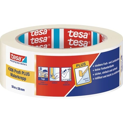 TESA Malerkreppband 4306 Profi PLUS leicht gekreppt hellbeige L.50m B.38mm Rl.TESA