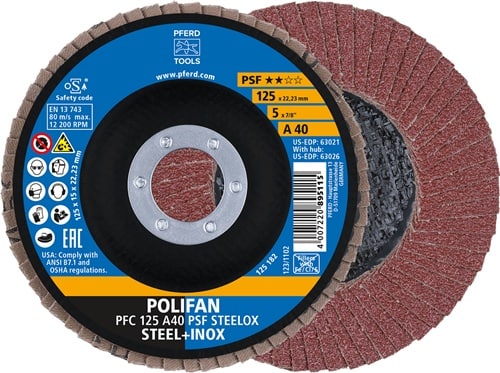 PFERD TOOLS Fächerscheibe POLIFAN A PSF STEELOX D.125mm K.40 kon.Stahl/INOX NK PFERD