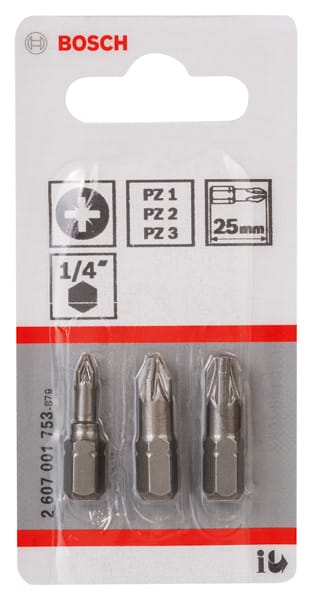BOSCH Schrauberbit-Set Extra-Hart (PZ), 3-teilig, PZ1, PZ2, PZ3, 25 mm