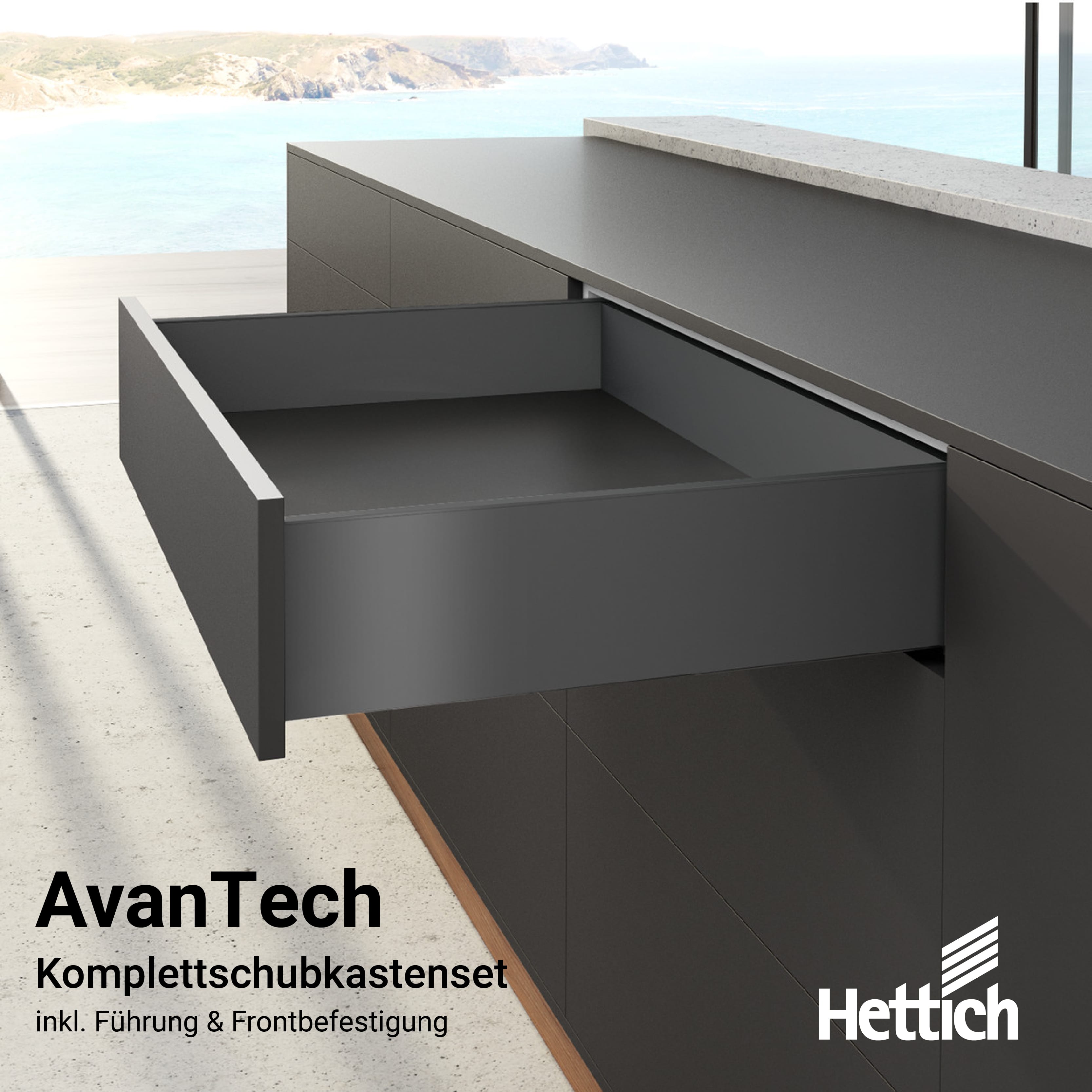 Hettich Komplettschubkasten AvanTech YOU Höhe 187 mm incl. Führung Frontbefestigung zum Schrauben Farbe: anthrazit 550 mm Nennlänge 70 kg