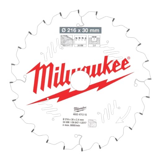 MILWAUKEE 216/30 mm Z24 Wechselzahn negativ Sägeblatt Holz für Kapp- und Gehrungssägen
