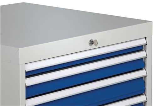 BEDRUNKA+HIRTH Schubladenschrank H1019xB705xT736mm lichtgrau/signalblau 7 Schubl.Voll.Bedrunka