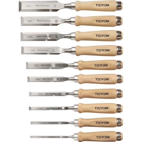 TECWERK Stechbeitelsatz 6,8,10,12,16,20,22,24,26,30mm Weißbuchenh.Ulmer Form Krt. TW