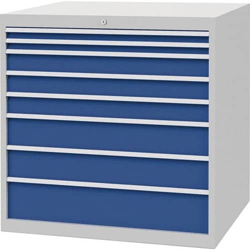 BEDRUNKA+HIRTH Schubladenschrank H1019xB1005xT736mm lichtgrau/signalblau 8 Schubl.Voll.Bedrunka