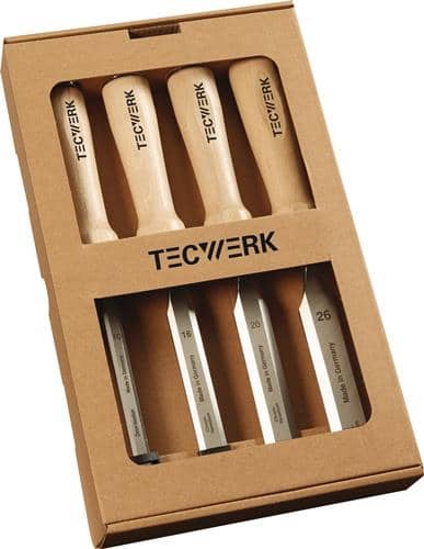 TECWERK Stechbeitelsatz 10,16,20,26mm Weißbuchenh.Ulmer Form 4-tlg.Fensterkarton TECWERK