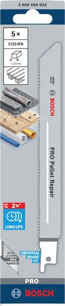 BOSCH Säbelsägeblatt S 725 VFR, Special for Pallet Repair, 5er-Pack