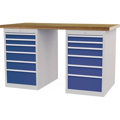 Nordwest Werkbank B1500xT750xH859mm Buche-Multiplex lichtgrau/signalblau 12Schubl.