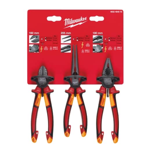 MILWAUKEE Seitenschneider 160 mm, Langbeck-Rundzange, Kombizange 180 mm Zangenset 3-teilig, VDE geprüft