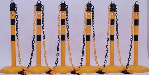Sperrpfostenset PU gelb/schwarz m.Sechskantfuß D63xH1000mm 6 Pfosten u.5 Ketten