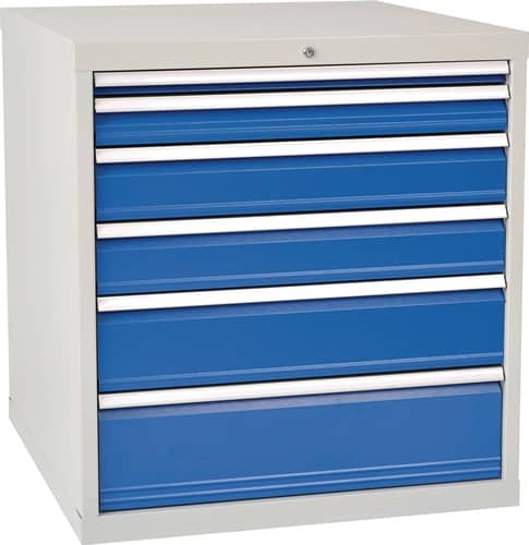 BEDRUNKA+HIRTH Schubladenschrank H1019xB1005xT736mm lichtgrau/signalblau 6 Schubl.Voll.Bedrunka