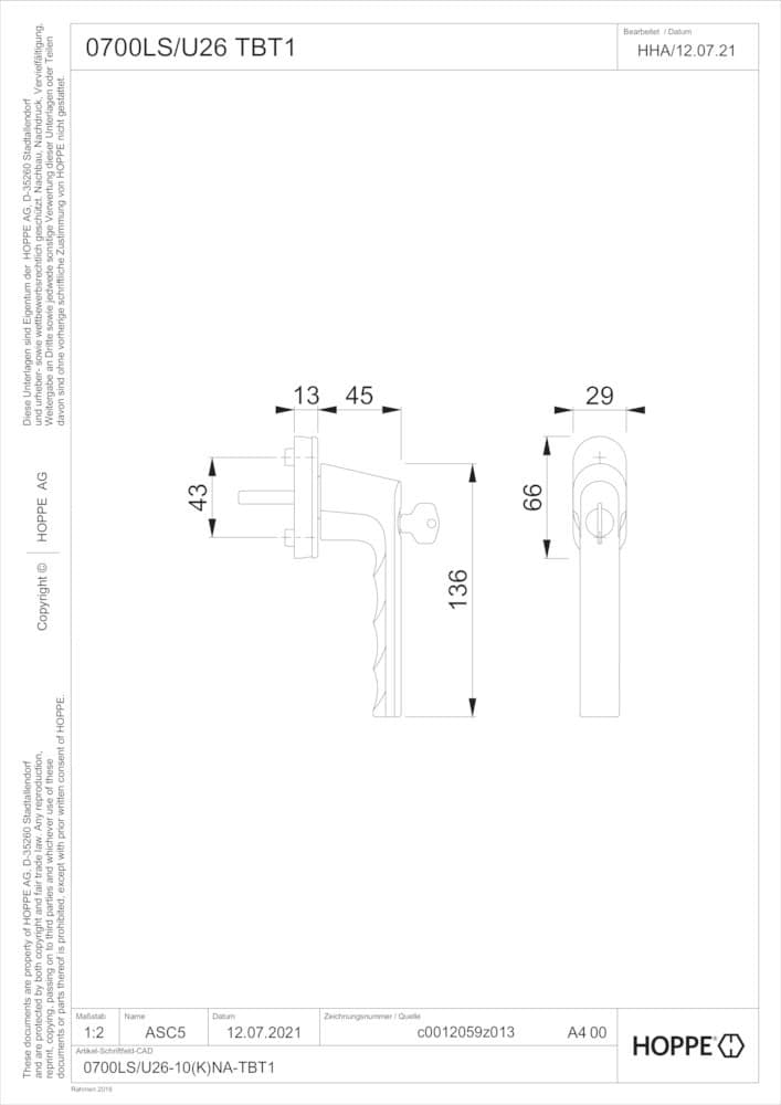 HOPPE® Fenstergriff abschließbar Hamburg 0700LS/U26 TBT1, mit Schrauben, Aluminium, 11950705
