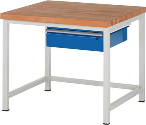 RAU Werkbank Classic B1000xT900xH840mm Buche massiv lichtgrau enzianblau Schubl.1