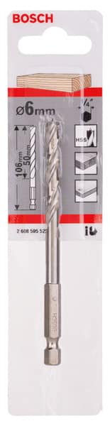 BOSCH Holzspiralbohrer mit 1/4 Zoll-Sechskantschaft, 6 x 63 x 106 mm