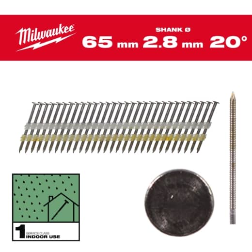 7,4 x 2,8 x 65 mm, Ringschaft Stahl blank, 20° Rundkopf-Nägel für M18FFN21