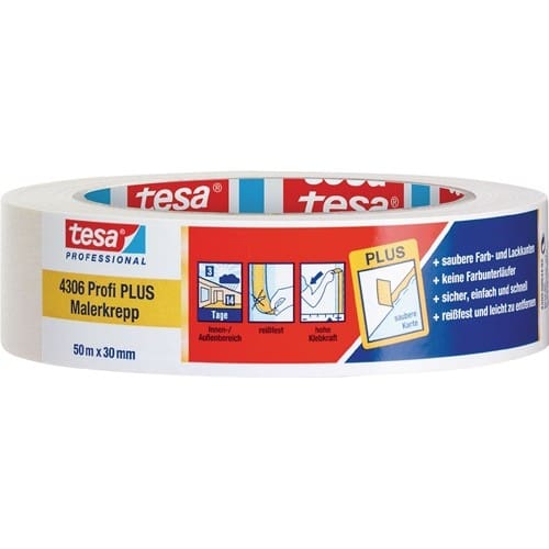 TESA Malerkreppband 4306 Profi PLUS leicht gekreppt hellbeige L.50m B.30mm Rl.TESA