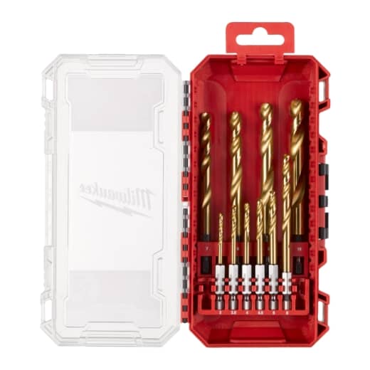 MILWAUKEE 10-teiliges Set in PACKOUT kompatibler Kassette SHOCKWAVE Metallbohrer HSS-G RED HEX Titan 1/4"