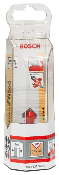 BOSCH V-Nutfräser Expert for Wood mit 8 mm Schaft, D 12,7 mm, L 10 mm, G 44,5 mm, 90°